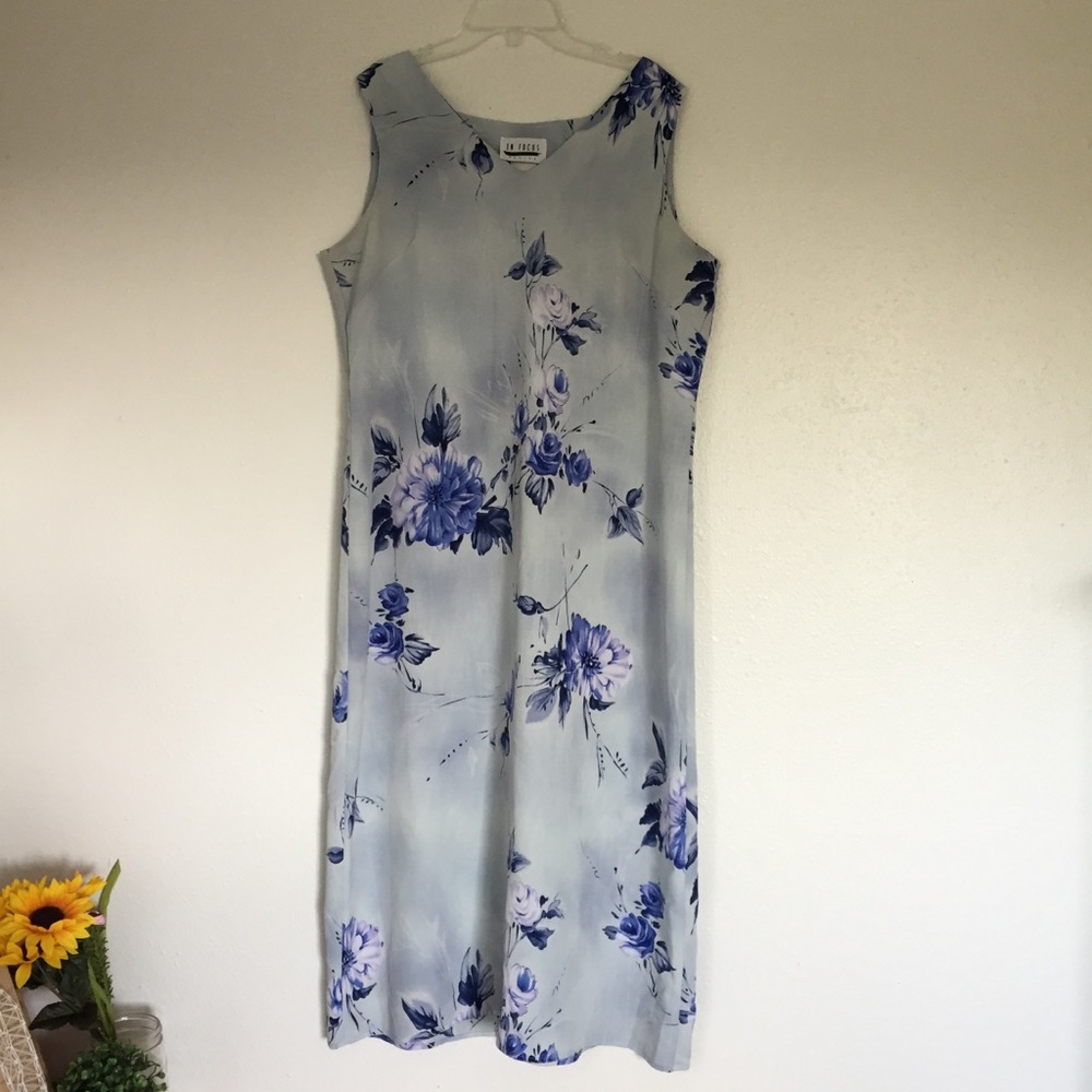 90s midi sundress, tank top, blue flower, light